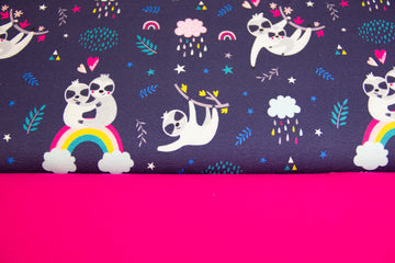 Stoffpaket Jersey + Bündchen mit Faultieren, blau, pink